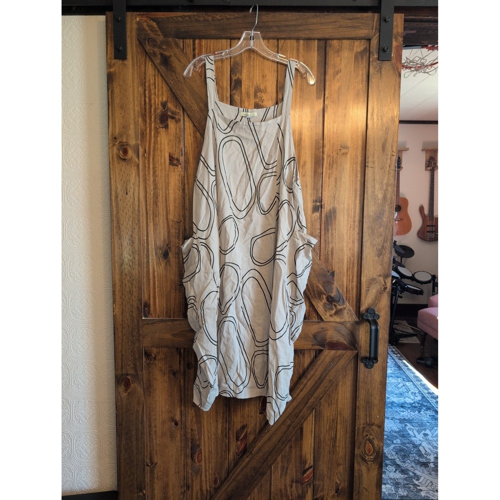 Camille & Co. Linen Dress M Tan & Black Abstract Design
